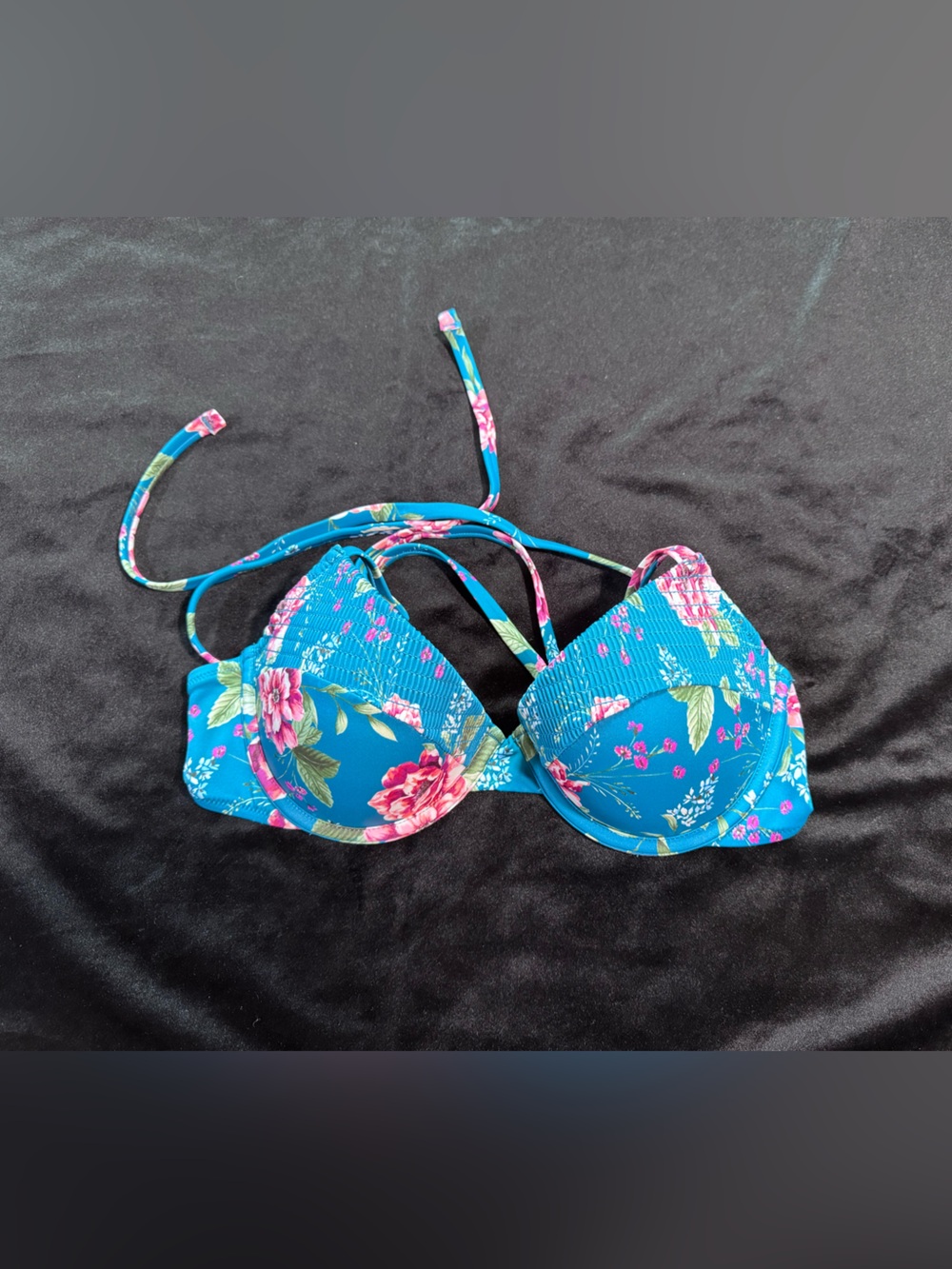 Shade & Shore Teal Floral Lined Bikini Top with Pink Trim
